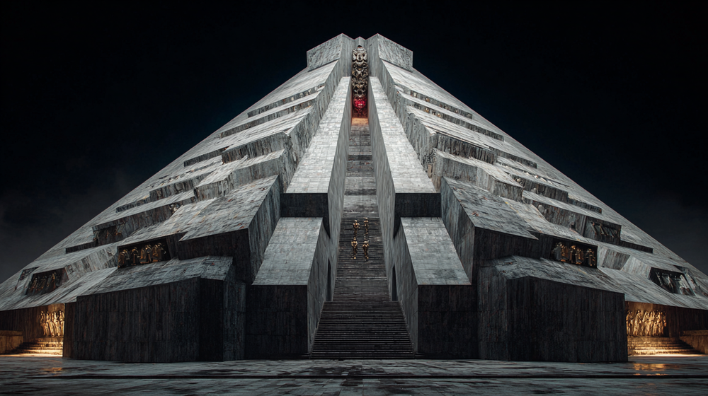 Brutalist military pyramid with stairs ascending to ominous red glow at apex, figures climbing in illuminated alcoves, dark stone architecture converging toward centralized authority