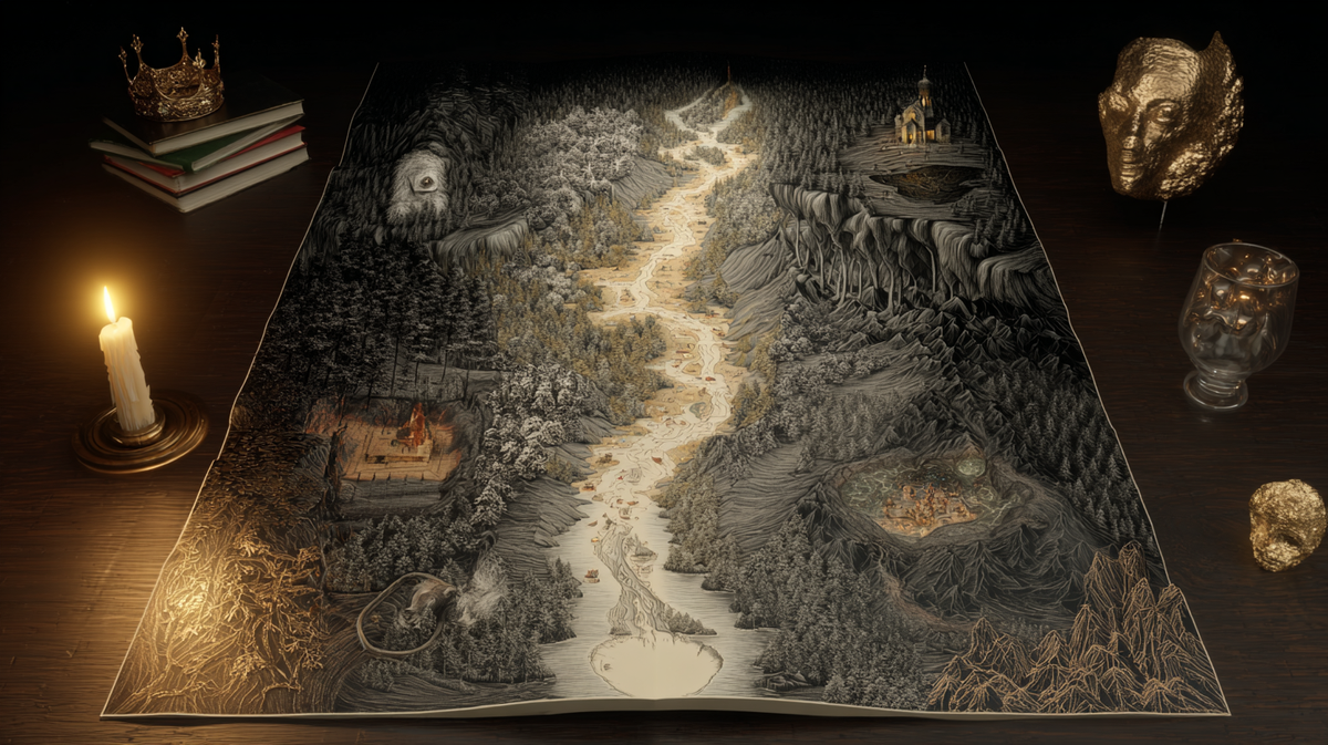 Golden path on a map with crown, mask, chalice, dogma-books, dead God, and a candle — symbols of power, illusion, integration, death, and consciousness.