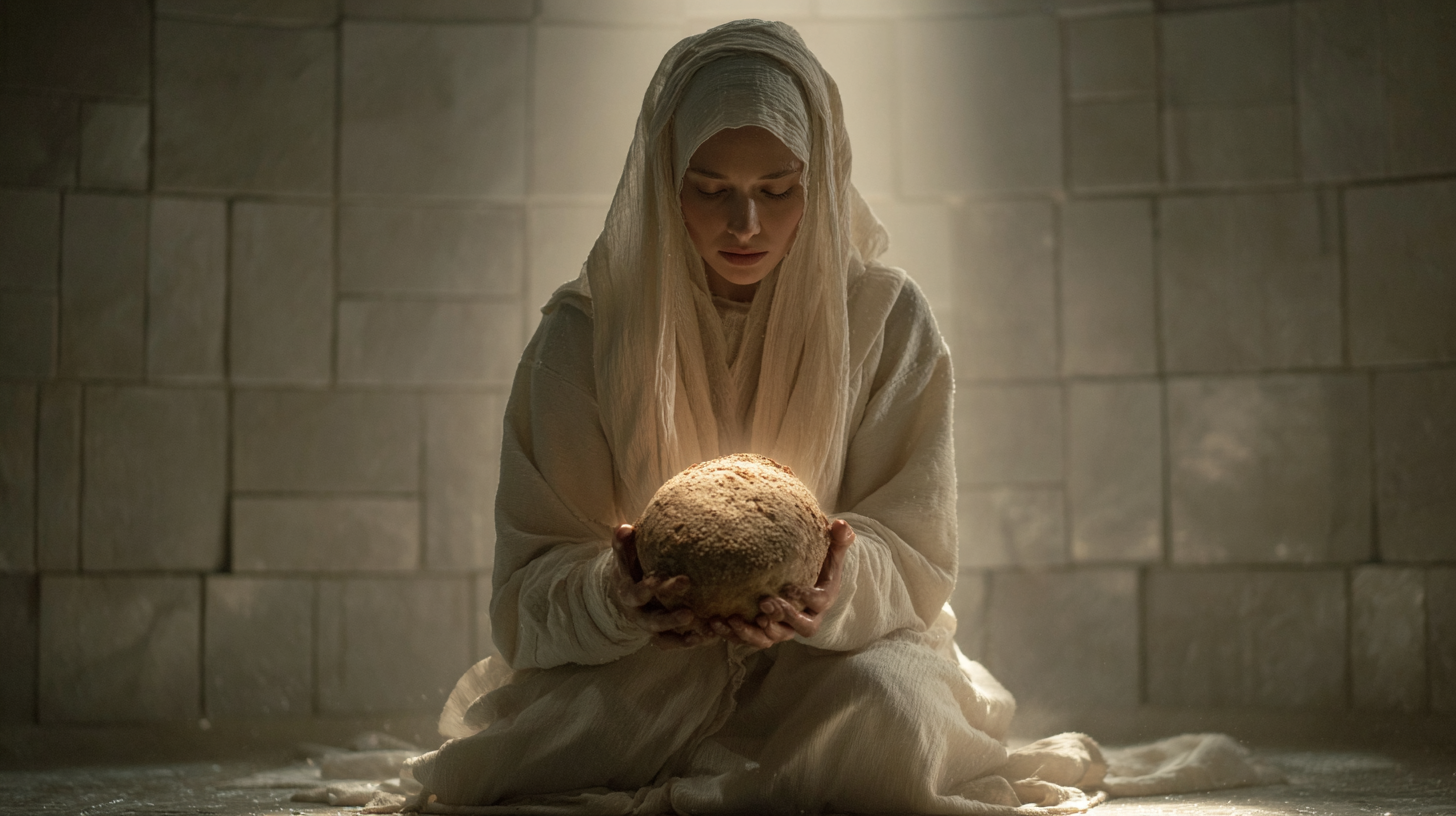 A woman in white robes kneels in a room with white block walls, holding a round loaf of bread that glows with a warm, inner light.