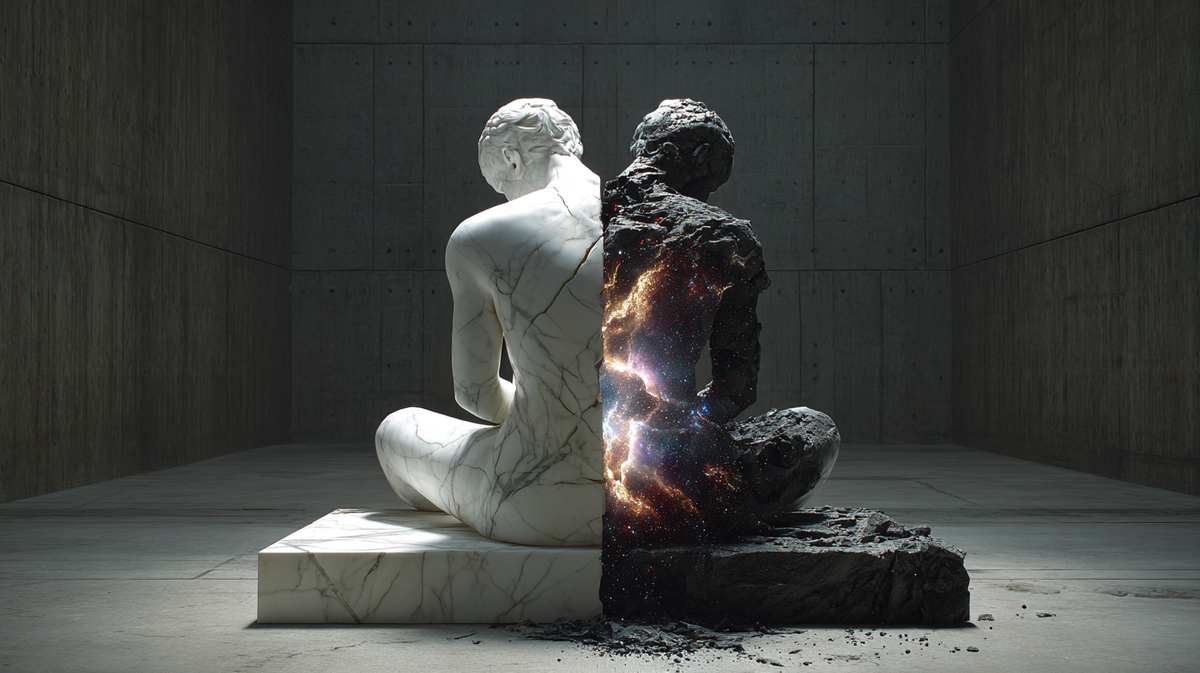 A statue of a seated figure, split down the middle. The left half is cracked white marble; the right half is rough black rock. The space between glows with the colors of a cosmic nebula.
