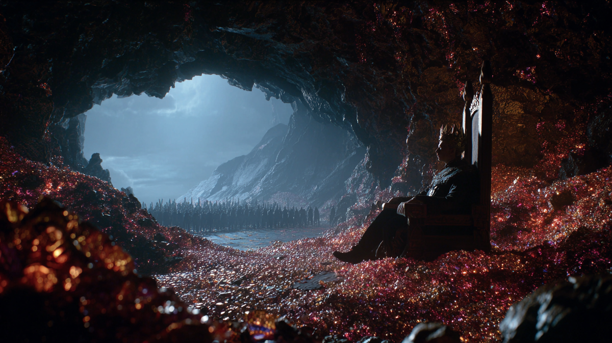 A king sits on a throne inside a dark cave filled with mounds of glittering red gems. He looks out from the cave at a large crowd of people in a desolate, misty landscape.