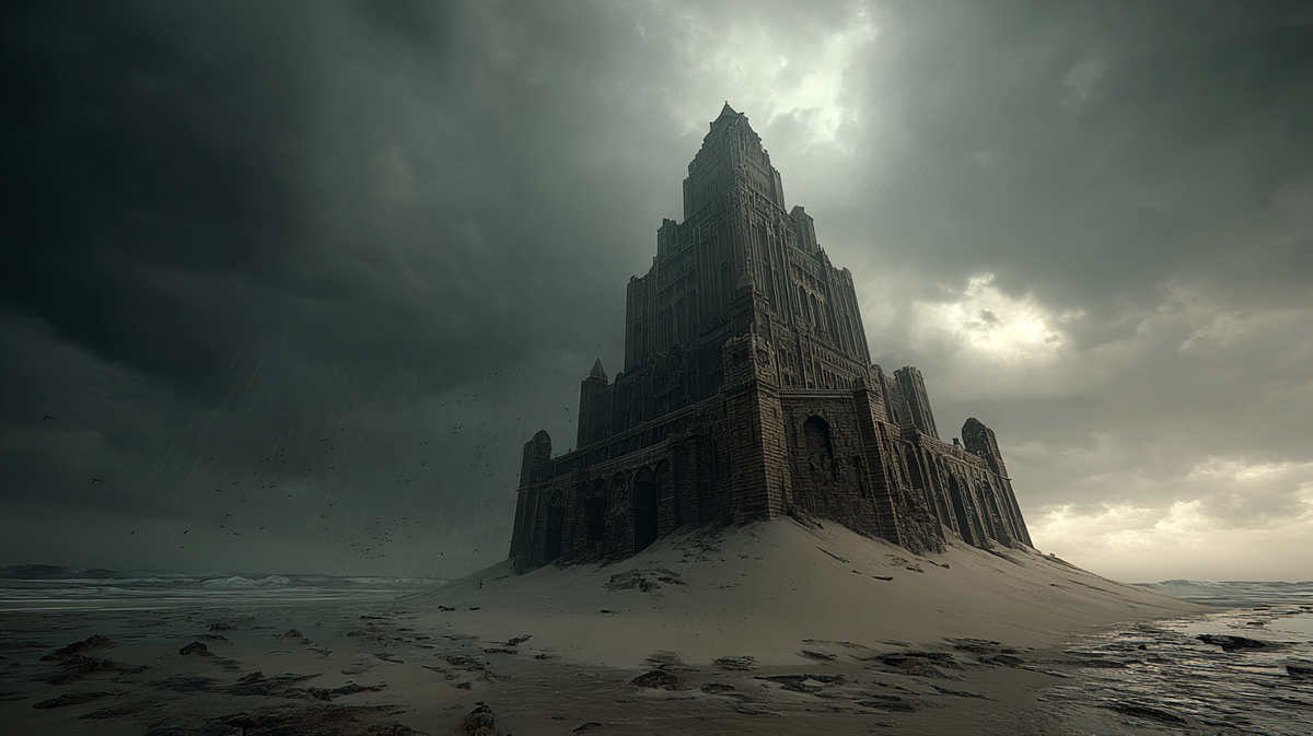 A massive, fortress-like tower stands on a sandy beach under a dark, stormy sky. The ominous clouds suggest an impending storm that threatens the tower's foundation.