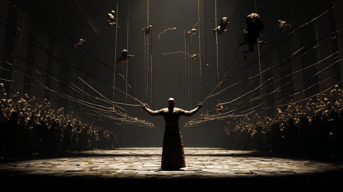 A powerful figure stands in a dark hall, arms outstretched. He holds strings that control both a vast crowd below and grotesque puppet monsters hanging from above.