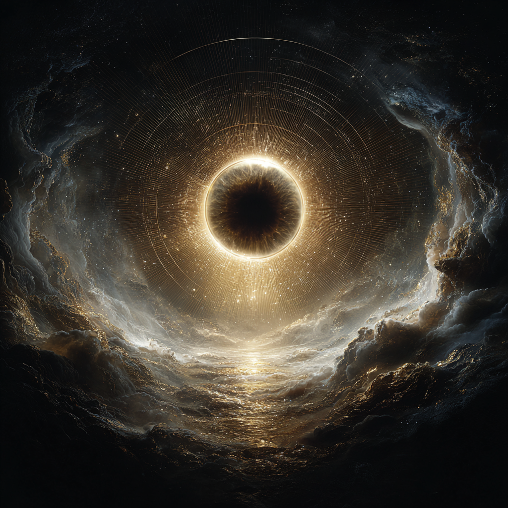 A single, luminous, divine eye floats in a dark, cosmic sky above a stormy sea. It is surrounded by a halo of golden light and sacred geometry that reflects on the water.