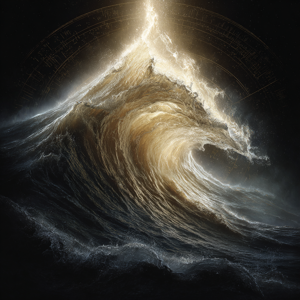 A single, massive wave crests in a dark void. The peak of the wave is a brilliant, shattering explosion of golden light, while the powerful body of the wave is made of dark, churning water.