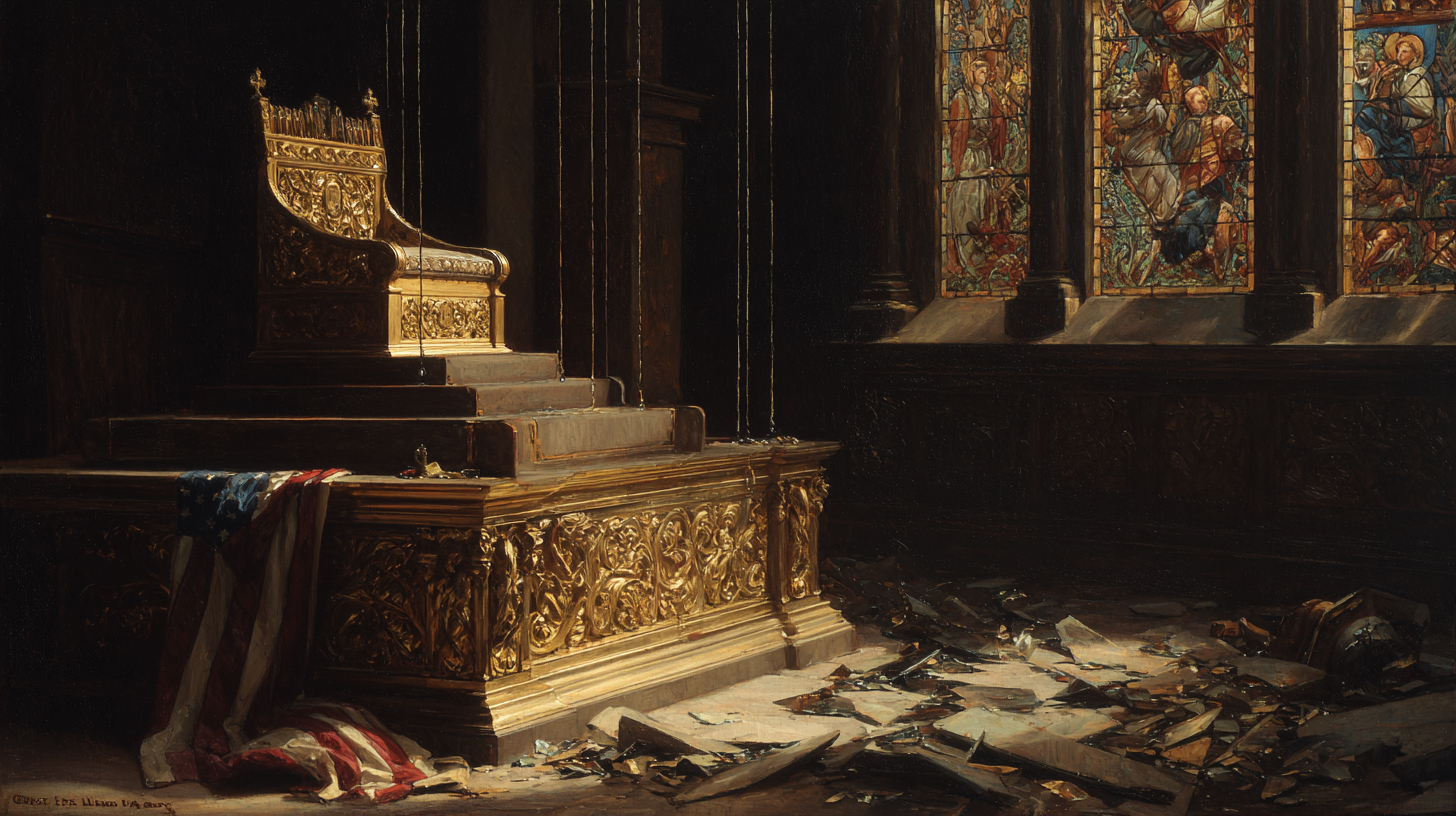An ornate golden throne in a dark hall, draped with a tattered American flag, broken debris scattered on the floor, stained glass glowing behind.