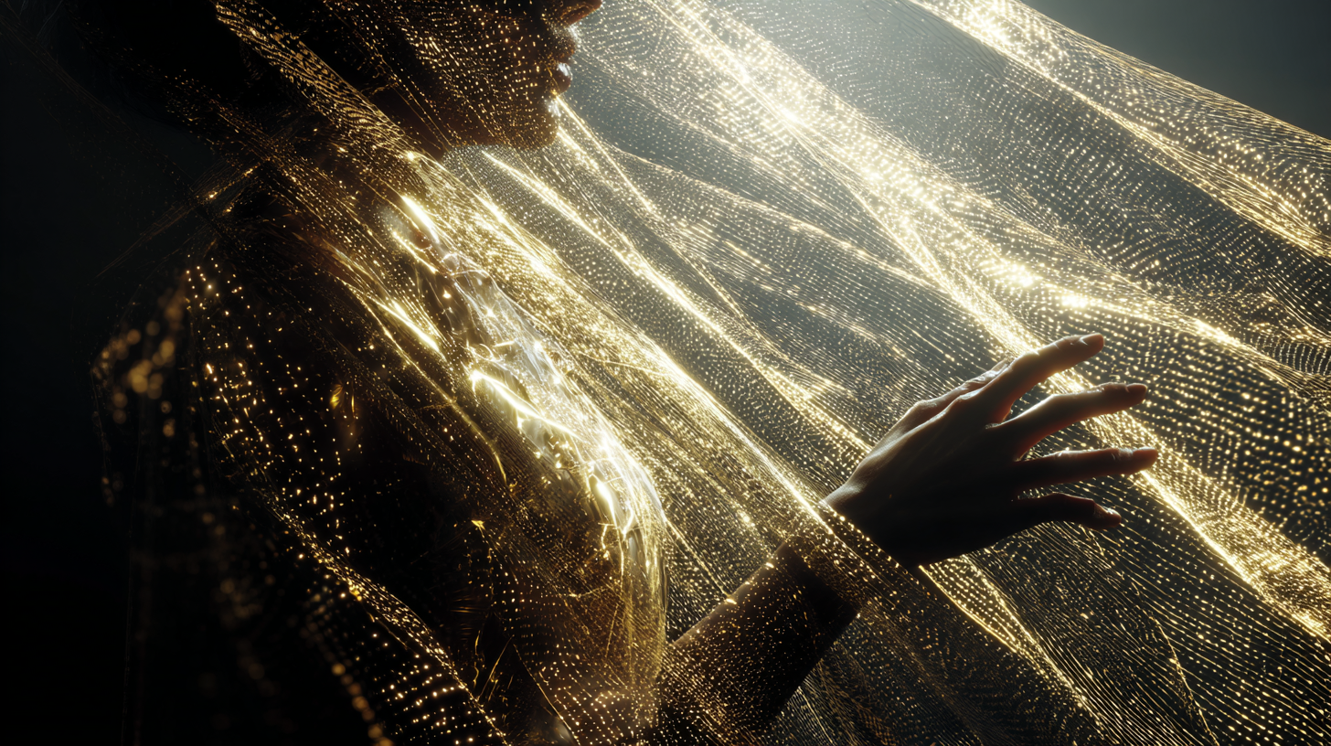 A luminous, golden figure made of light touches a shimmering, translucent veil woven from geometric patterns. The mood is mystical and awe-inspiring.