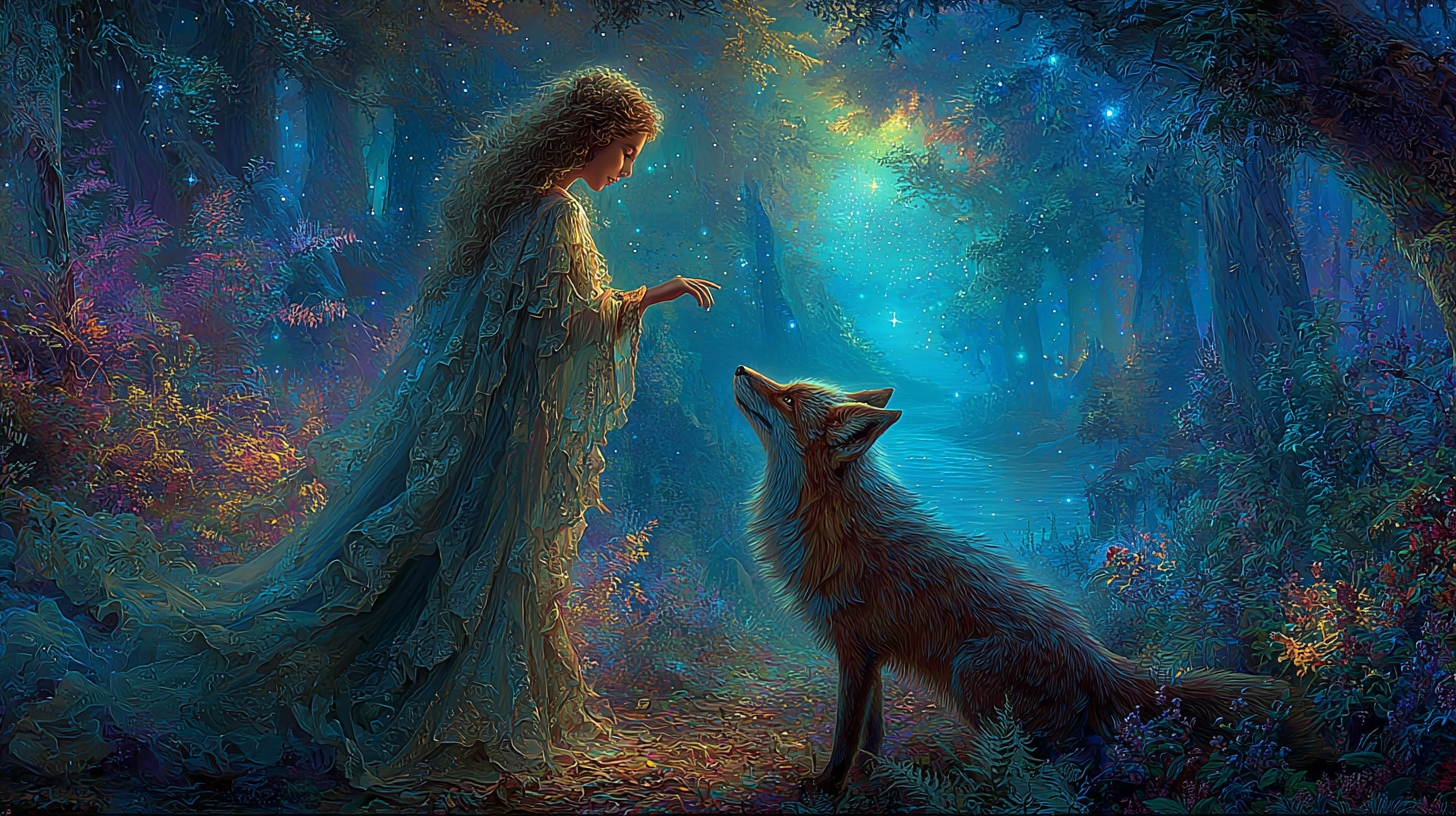 A woman in flowing robes stands in an enchanted forest as a fox points toward a luminous sea path, symbolizing the feminine soul's journey from exile to sovereignty through spiritual guidance