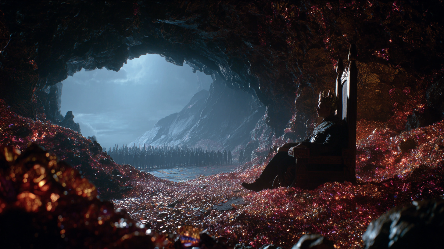 A king sits on a throne inside a dark cave filled with mounds of glittering red gems. He looks out from the cave at a large crowd of people in a desolate, misty landscape.