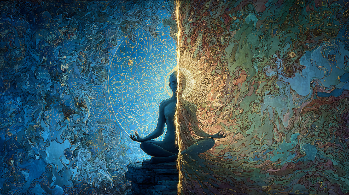 Meditation figure sits between blue geometric patterns and warm organic flows, golden light emerging from center where opposites meet