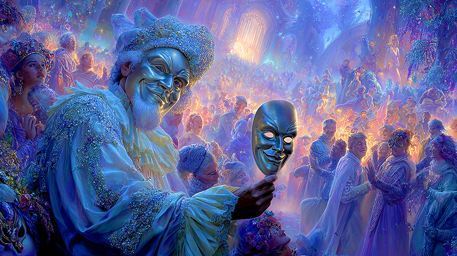 A fantastical, crowded masquerade ball lit in purple and blue. A jester figure in the foreground holds a dark mask, his own face covered by a silver, smiling one.
