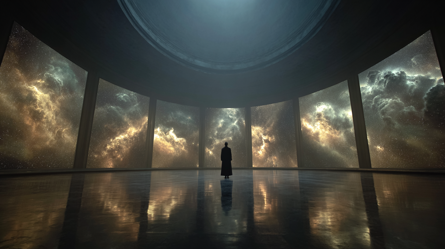 A lone, silhouetted figure stands in a vast, dark hall. They are surrounded by seven massive, glowing panels, each one a mirror reflecting a different cosmic nebula against the darkness.