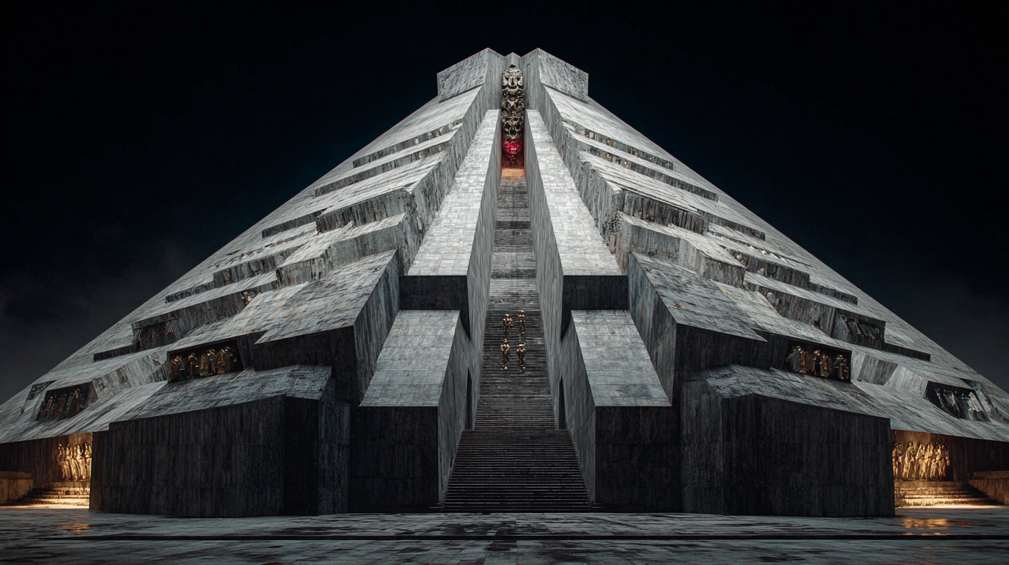 Brutalist military pyramid with stairs ascending to ominous red glow at apex, figures climbing in illuminated alcoves, dark stone architecture converging toward centralized authority