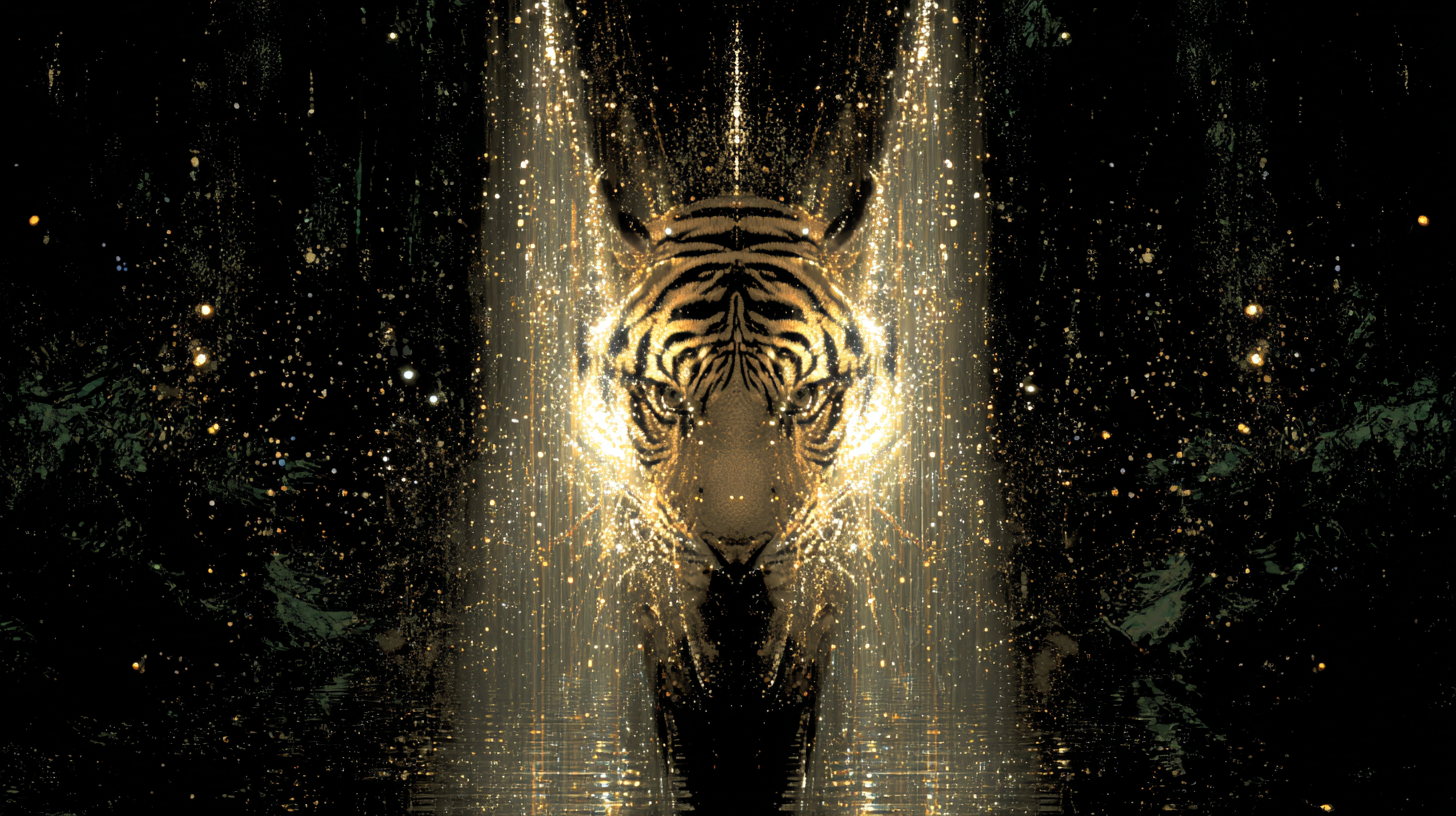 A man kneels in a mystical forge, his body merging with the ethereal form of a great tiger made of golden light, symbolizing the union of the ego and the divine Self.
