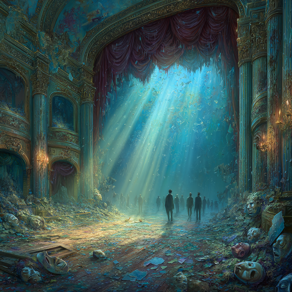 A dramatically lit, decaying old theater stage. Crumbling gold proscenium arches. The scene evokes themes of decay, shattered illusion, and a difficult journey toward truth.