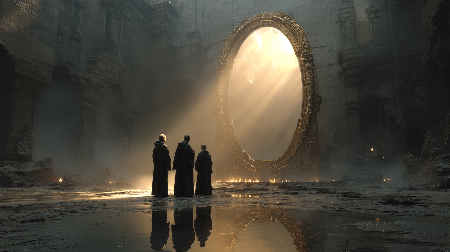 Three robed figures stand before a massive ornate mirror in a ruined sacred hall, dramatic light beams breaking through decay, their backs to viewer as they face the glowing mirror