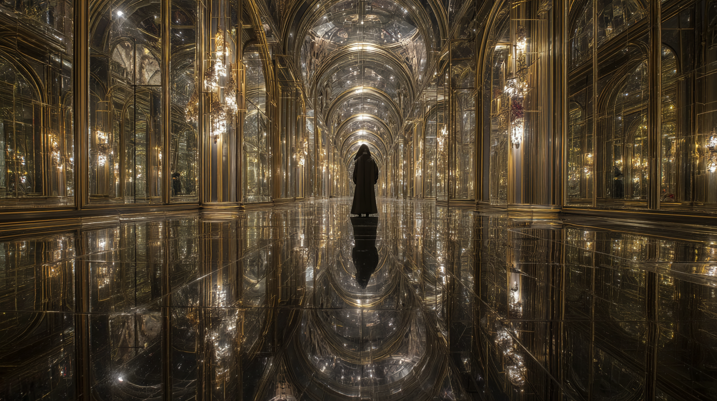 A robed figure stands in a vast golden hall of mirrors dissolving into light, symbolizing the collapse of hollow authority and the revelation of inner truth.