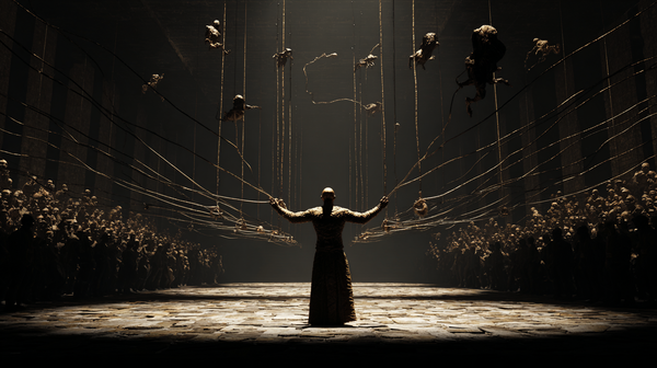 The Leader's Theatre - A powerful figure controls puppet monsters and crowd