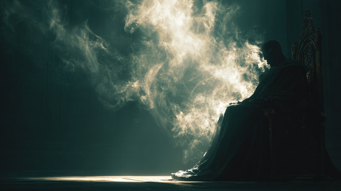 A silhouetted figure of a king sits on an ornate throne in profile, his entire upper body and head dissolving into a turbulent cloud of illuminated smoke.