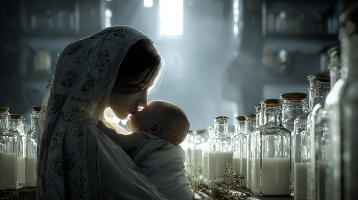 An archetypal mother tenderly holds a baby, their faces almost touching. In the background, rows of glass bottles, some filled with milk, symbolize processed substitutes.