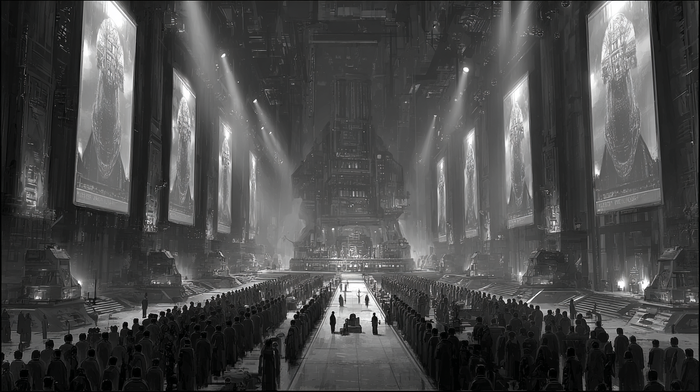 Massive dystopian hall with crowds facing giant screens of masked figures, evoking authoritarian ritual, surveillance, and manufactured obedience.