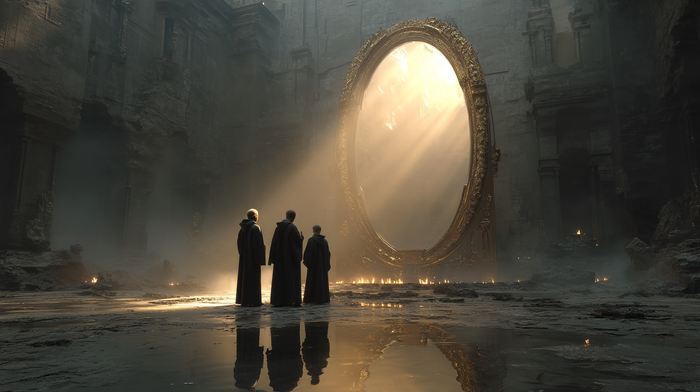 Three robed figures stand before a massive ornate mirror in a ruined sacred hall, dramatic light beams breaking through decay, their backs to viewer as they face the glowing mirror