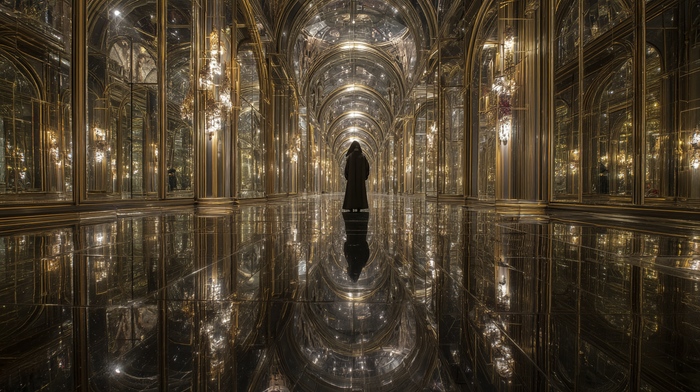 A robed figure stands in a vast golden hall of mirrors dissolving into light, symbolizing the collapse of hollow authority and the revelation of inner truth.